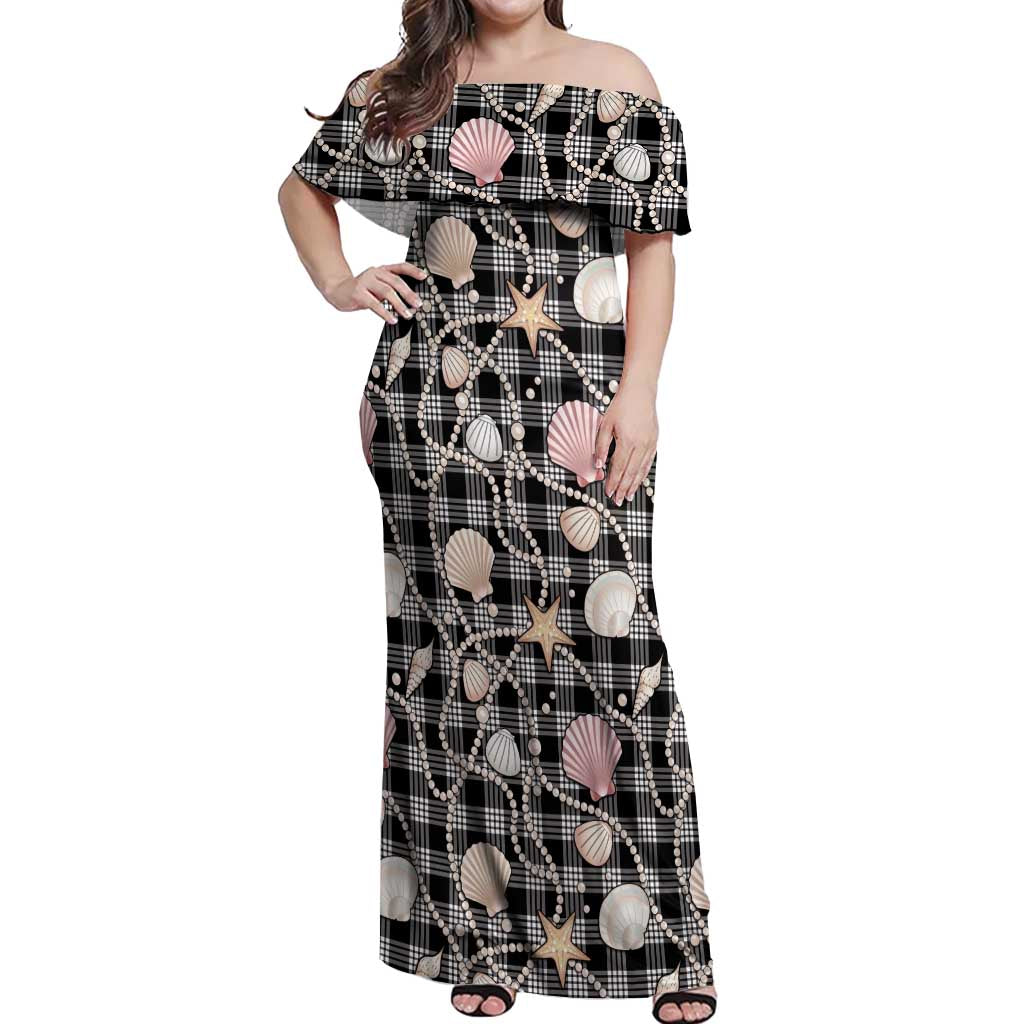 Hawaiian Ocean Seashells Off Shoulder Maxi Dress Black Palaka Pattern LT01 Women Black - Polynesian Pride