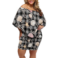 Hawaiian Ocean Seashells Off Shoulder Short Dress Black Palaka Pattern
