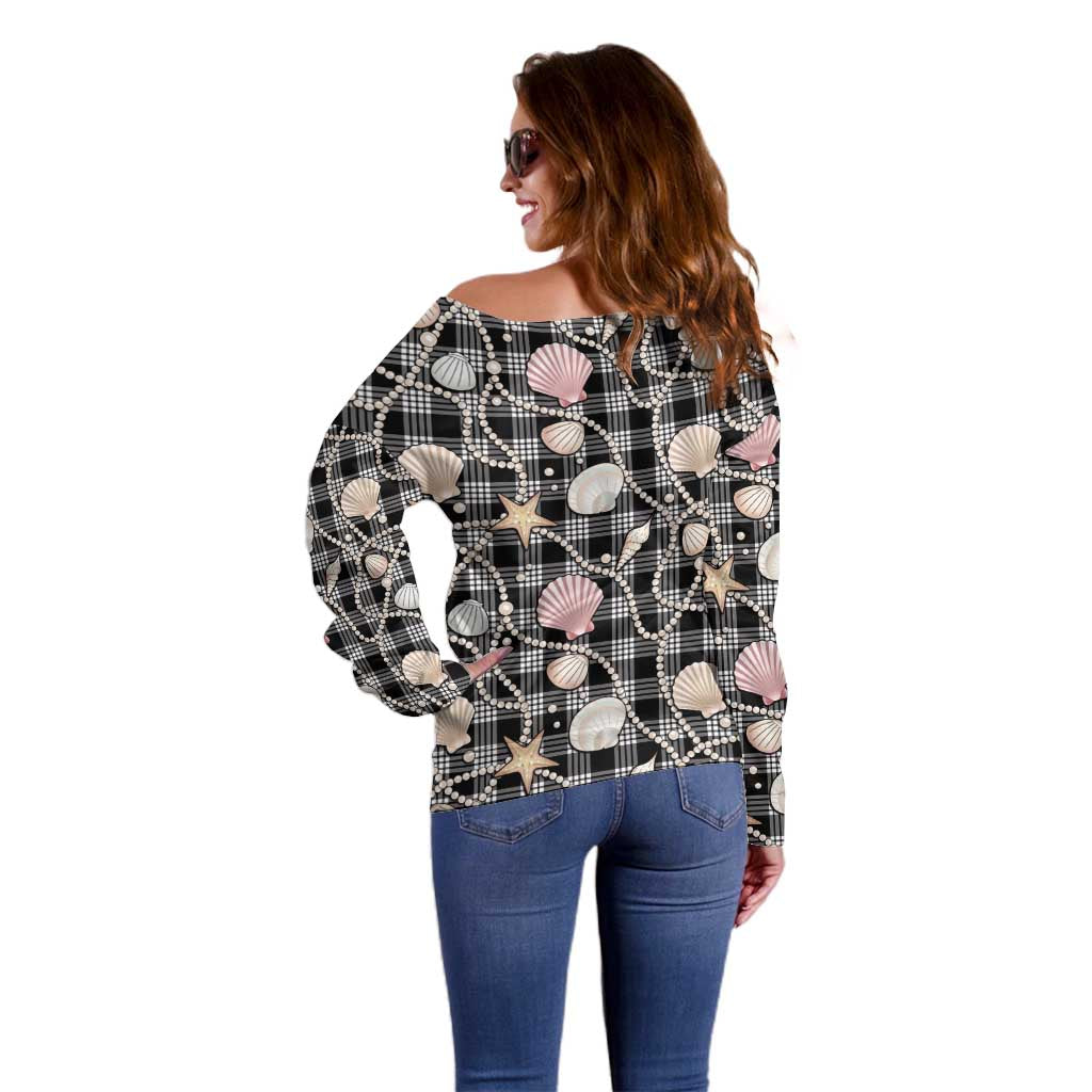 Hawaiian Ocean Seashells Off Shoulder Sweater Black Palaka Pattern LT01 - Polynesian Pride
