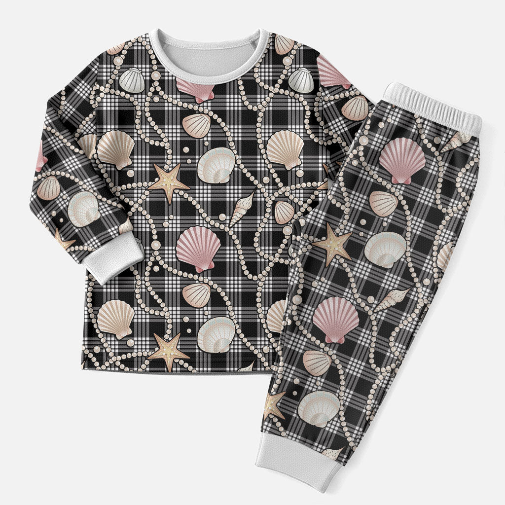 Hawaiian Ocean Seashells Christmas Pajama Set Black Palaka Pattern