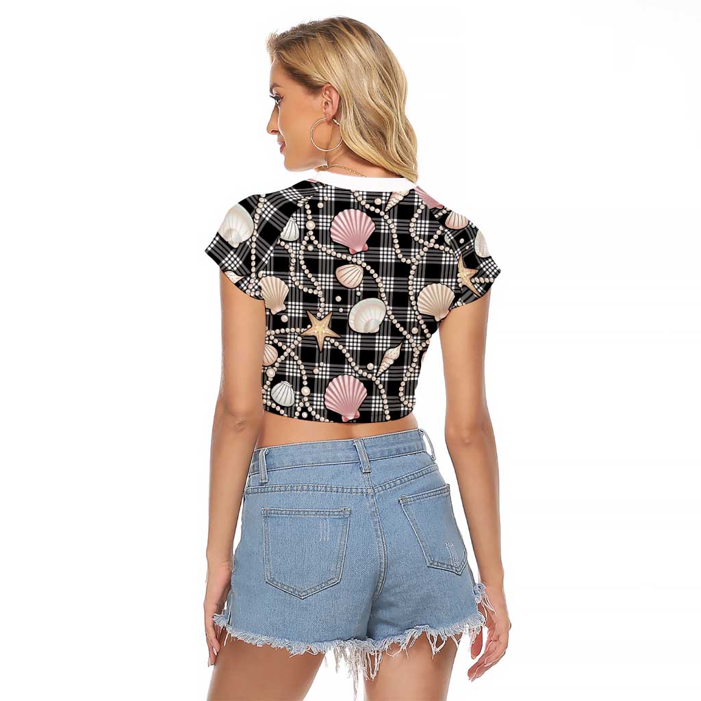 Hawaiian Ocean Seashells Raglan Cropped T Shirt Black Palaka Pattern LT01 - Polynesian Pride