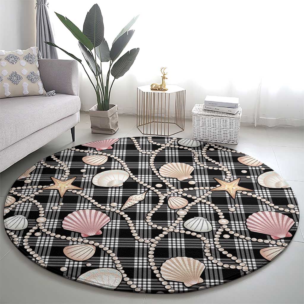 Hawaiian Ocean Seashells Round Carpet Black Palaka Pattern LT01 - Polynesian Pride