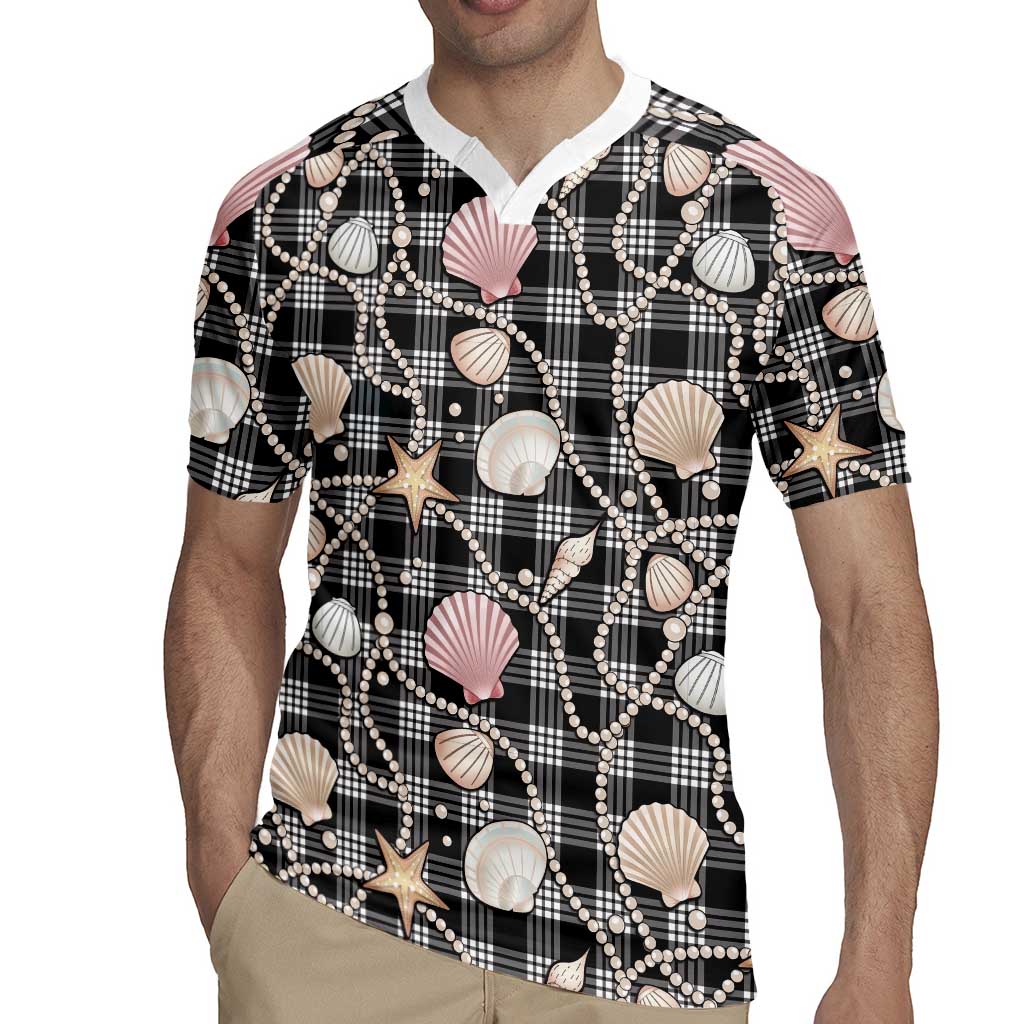 Hawaiian Ocean Seashells Rugby Jersey Black Palaka Pattern LT01 - Polynesian Pride