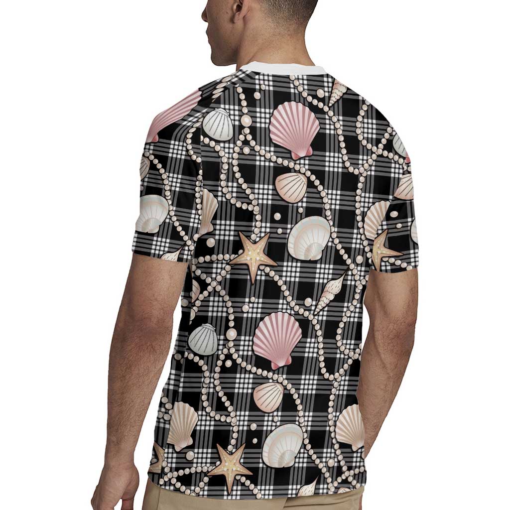 Hawaiian Ocean Seashells Rugby Jersey Black Palaka Pattern LT01 - Polynesian Pride