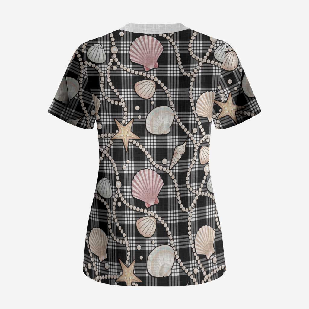 Hawaiian Ocean Seashells Scrub Top Black Palaka Pattern LT01 - Polynesian Pride