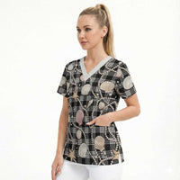 Hawaiian Ocean Seashells Scrub Top Black Palaka Pattern LT01 - Polynesian Pride