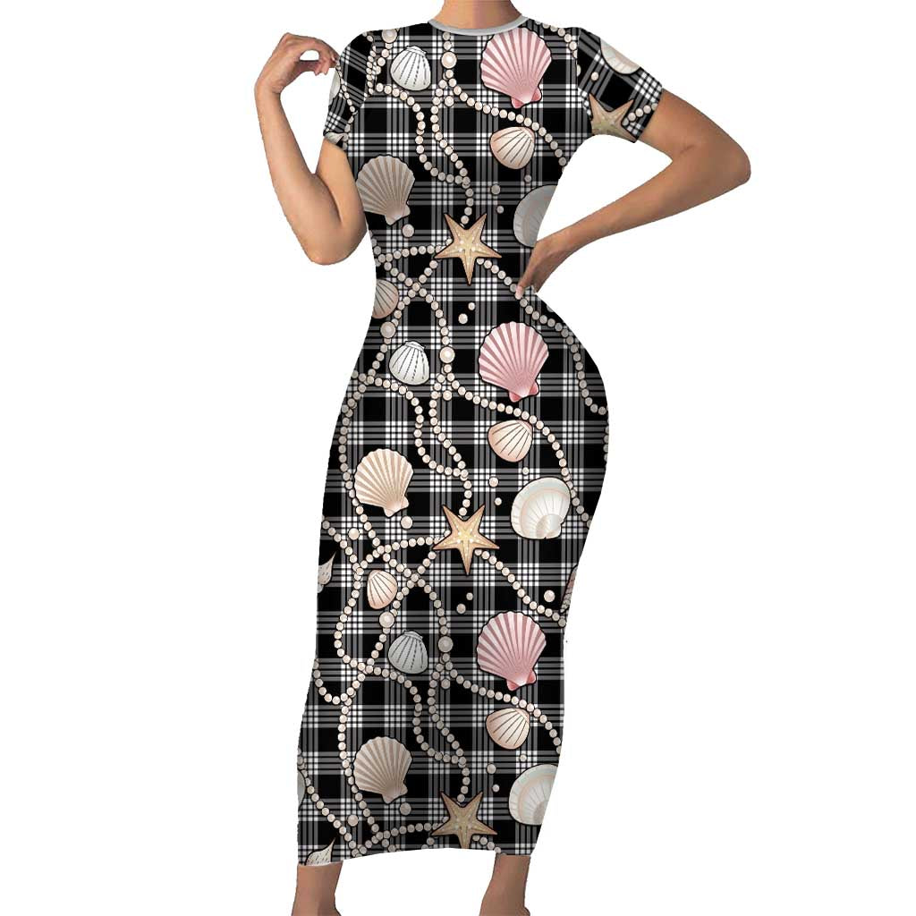 Hawaiian Ocean Seashells Short Sleeve Bodycon Dress Black Palaka Pattern LT01 Long Dress Black - Polynesian Pride