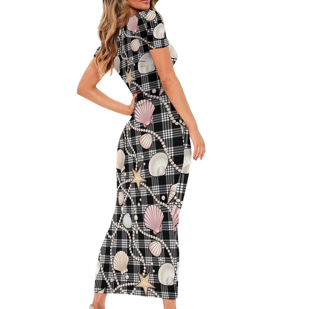 Hawaiian Ocean Seashells Short Sleeve Bodycon Dress Black Palaka Pattern LT01 - Polynesian Pride