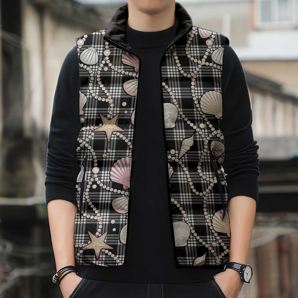 Hawaiian Ocean Seashells Sleeveless Puffer Jacket Black Palaka Pattern LT01 - Polynesian Pride
