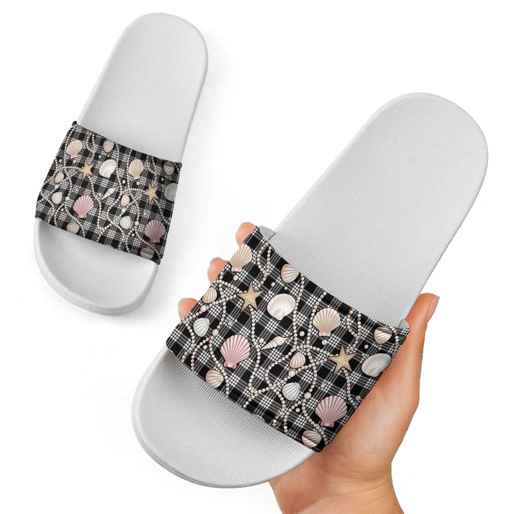 Hawaiian Ocean Seashells Slide Sandals Black Palaka Pattern LT01 - Polynesian Pride