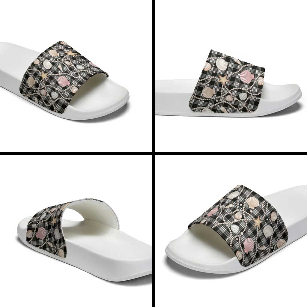 Hawaiian Ocean Seashells Slide Sandals Black Palaka Pattern LT01 - Polynesian Pride