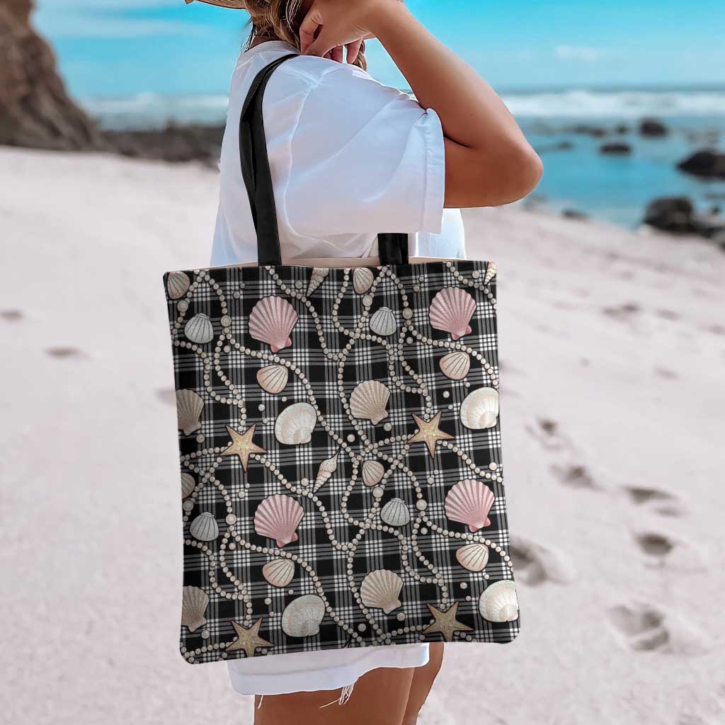 Hawaiian Ocean Seashells Tote Bag Black Palaka Pattern LT01 - Polynesian Pride