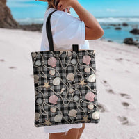 Hawaiian Ocean Seashells Tote Bag Black Palaka Pattern LT01 - Polynesian Pride