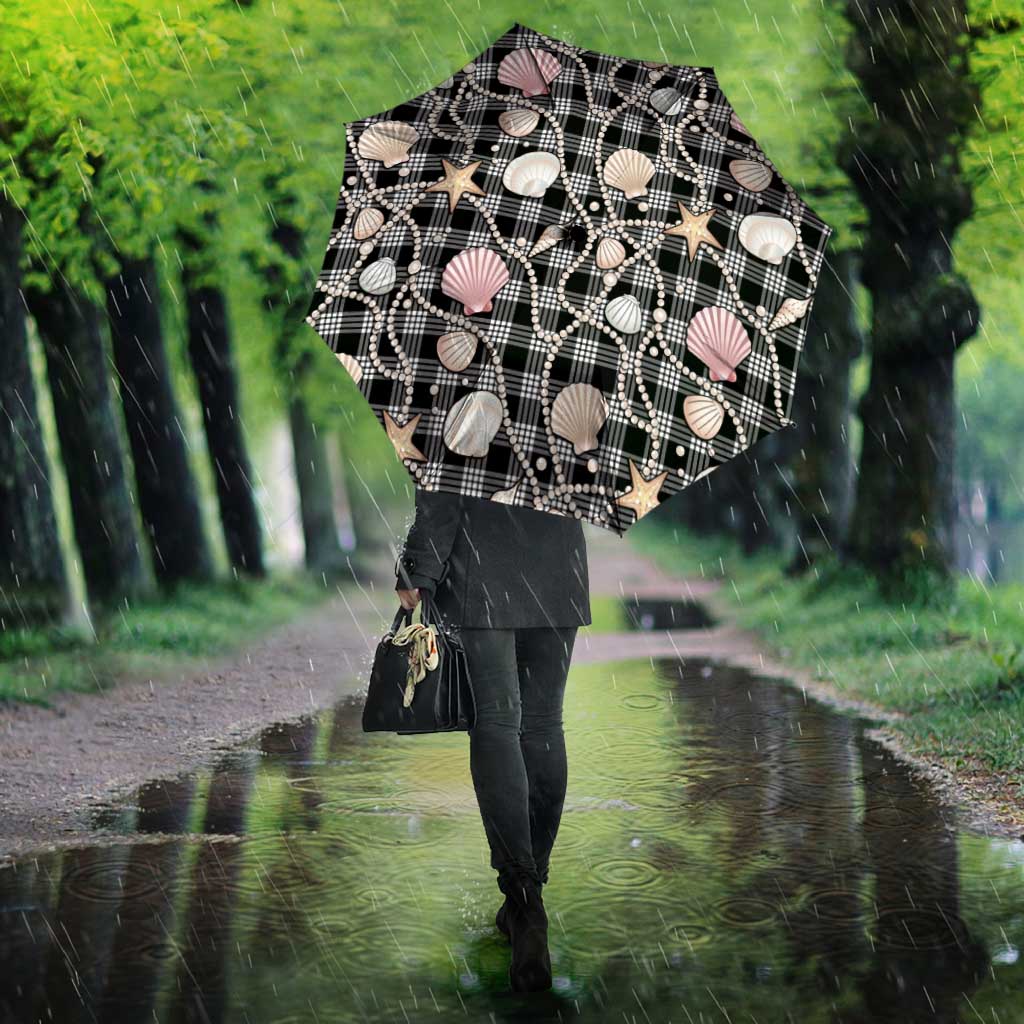 Hawaiian Ocean Seashells Umbrella Black Palaka Pattern LT01 - Polynesian Pride