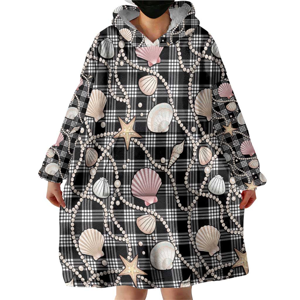 Hawaiian Ocean Seashells Wearable Blanket Hoodie Black Palaka Pattern LT01 - Polynesian Pride