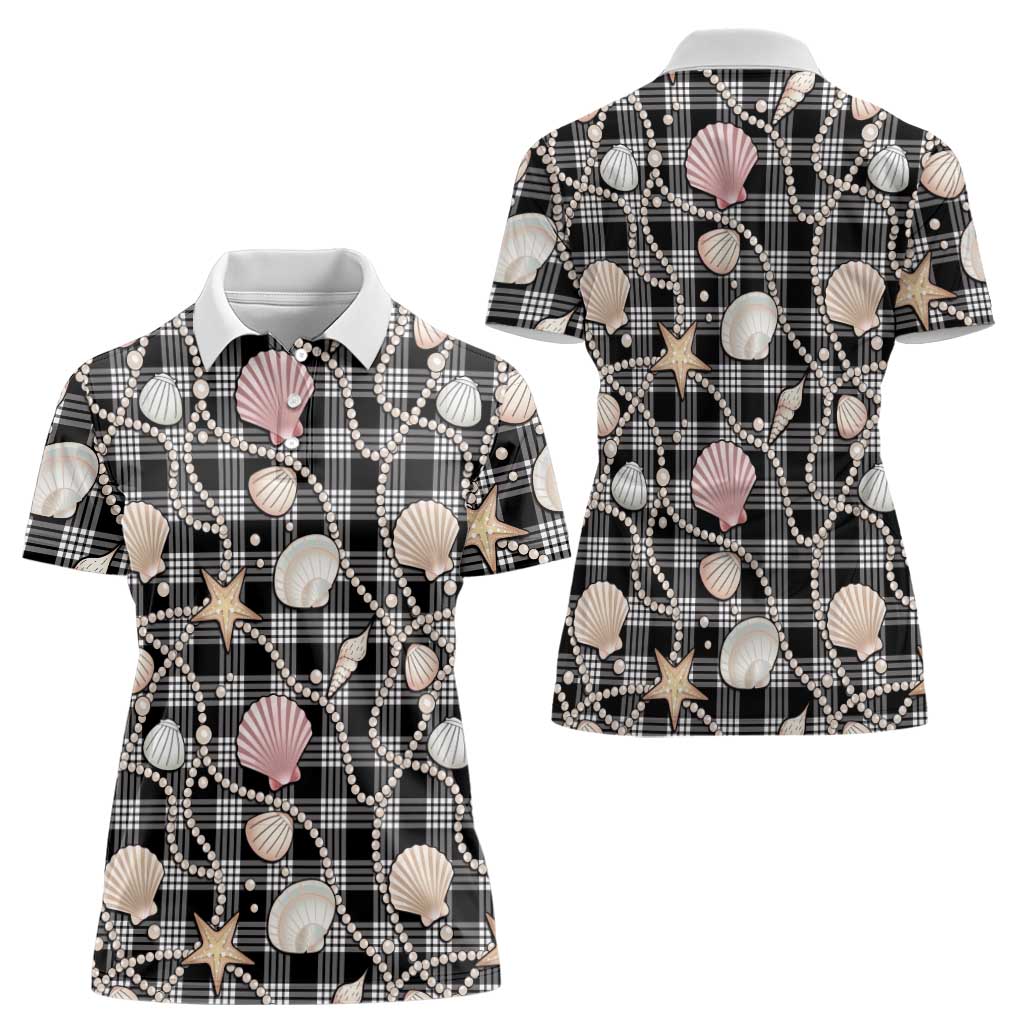 Hawaiian Ocean Seashells Women Polo Shirt Black Palaka Pattern LT01 - Polynesian Pride