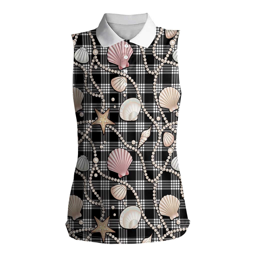 Hawaiian Ocean Seashells Women Sleeveless Polo Shirt Black Palaka Pattern LT01 Female Black - Polynesian Pride