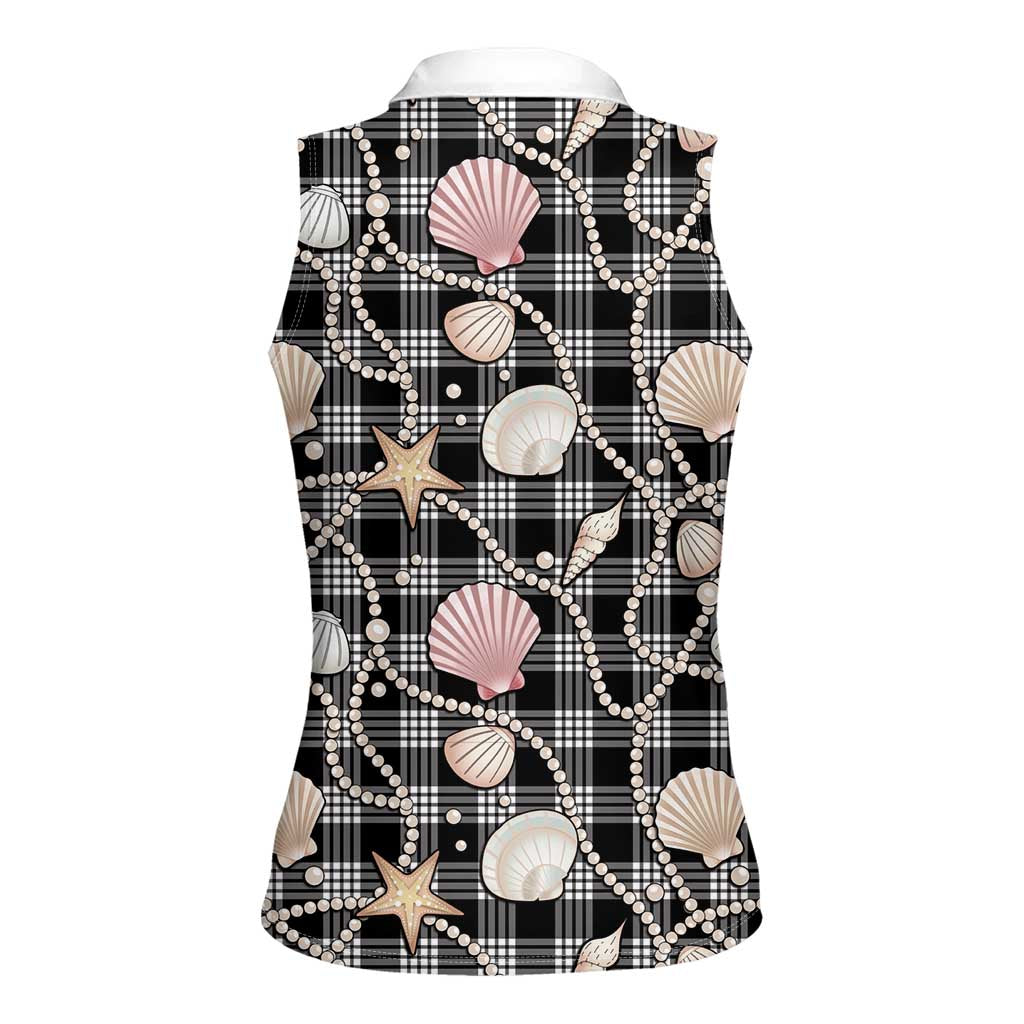 Hawaiian Ocean Seashells Women Sleeveless Polo Shirt Black Palaka Pattern LT01 - Polynesian Pride