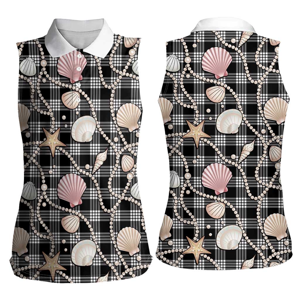 Hawaiian Ocean Seashells Women Sleeveless Polo Shirt Black Palaka Pattern LT01 - Polynesian Pride