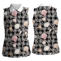 Hawaiian Ocean Seashells Women Sleeveless Polo Shirt Black Palaka Pattern LT01 - Polynesian Pride