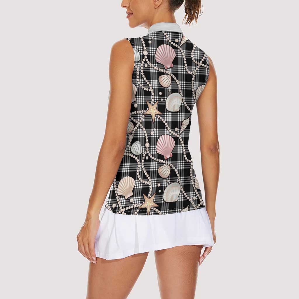 Hawaiian Ocean Seashells Women Sleeveless Polo Shirt Black Palaka Pattern LT01 - Polynesian Pride