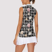 Hawaiian Ocean Seashells Women Sleeveless Polo Shirt Black Palaka Pattern LT01 - Polynesian Pride