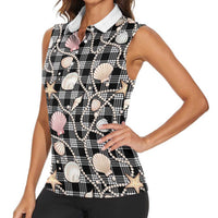 Hawaiian Ocean Seashells Women Sleeveless Polo Shirt Black Palaka Pattern LT01 - Polynesian Pride