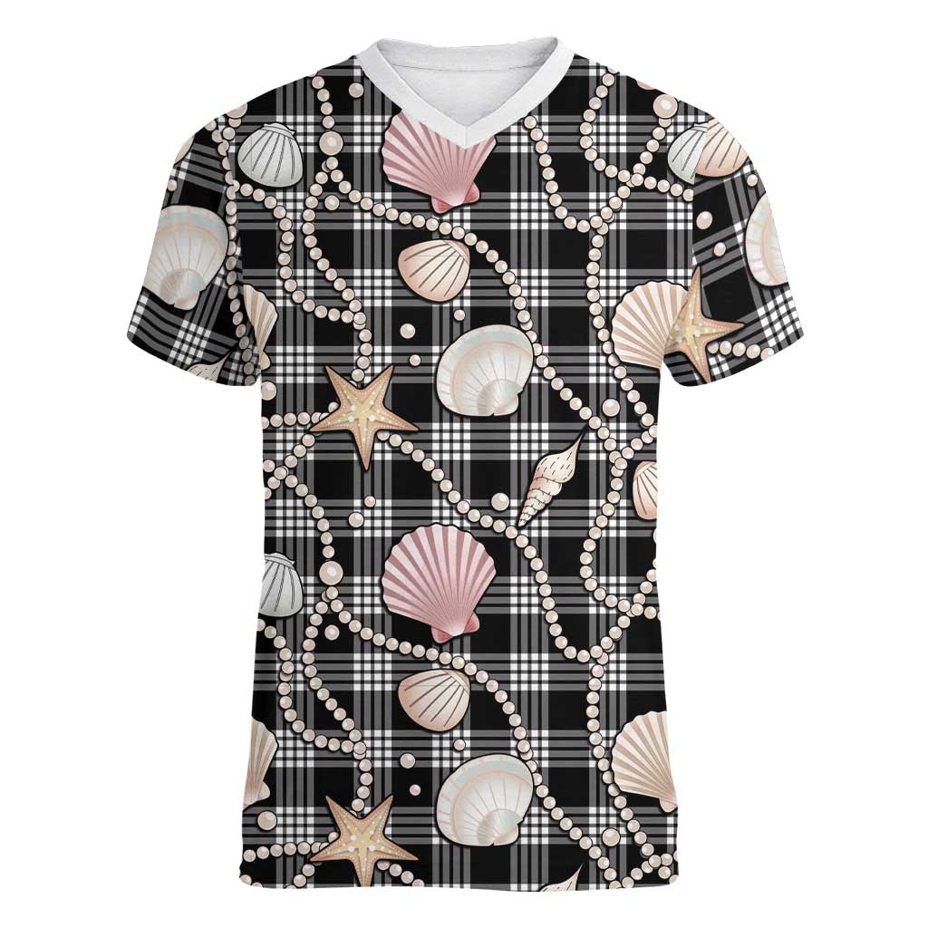 Hawaiian Ocean Seashells Women V-Neck T-Shirt Black Palaka Pattern LT01 Female Black - Polynesian Pride