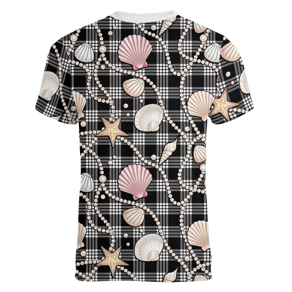 Hawaiian Ocean Seashells Women V-Neck T-Shirt Black Palaka Pattern LT01 - Polynesian Pride