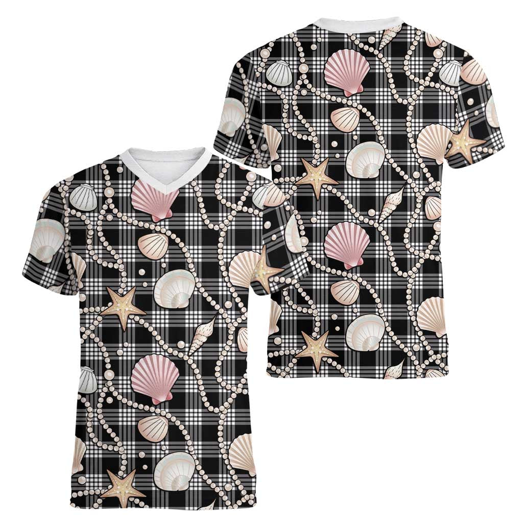 Hawaiian Ocean Seashells Women V-Neck T-Shirt Black Palaka Pattern LT01 - Polynesian Pride