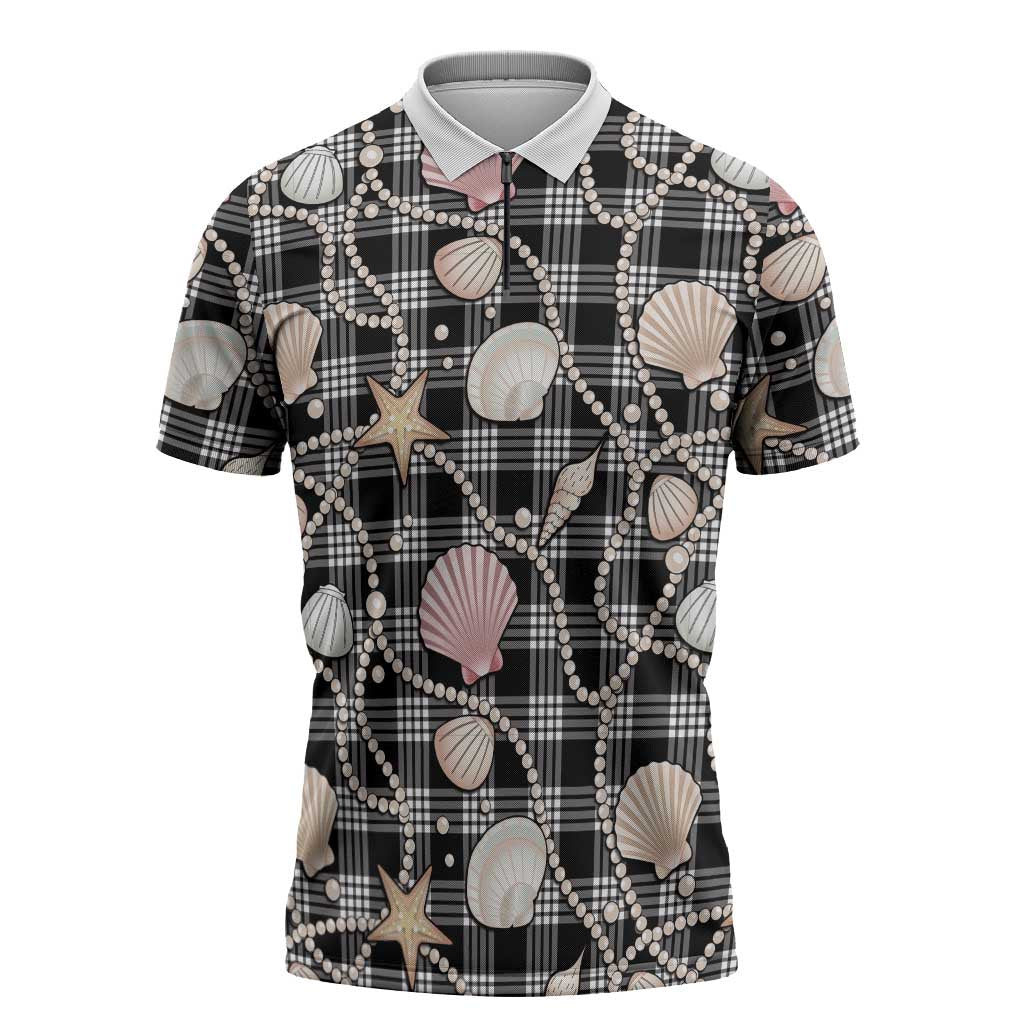 Hawaiian Ocean Seashells Zipper Polo Shirt Black Palaka Pattern LT01 Black - Polynesian Pride