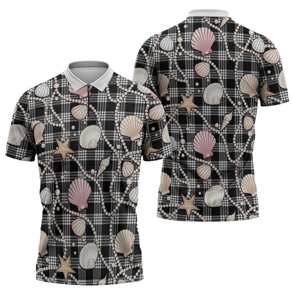 Hawaiian Ocean Seashells Zipper Polo Shirt Black Palaka Pattern LT01 - Polynesian Pride