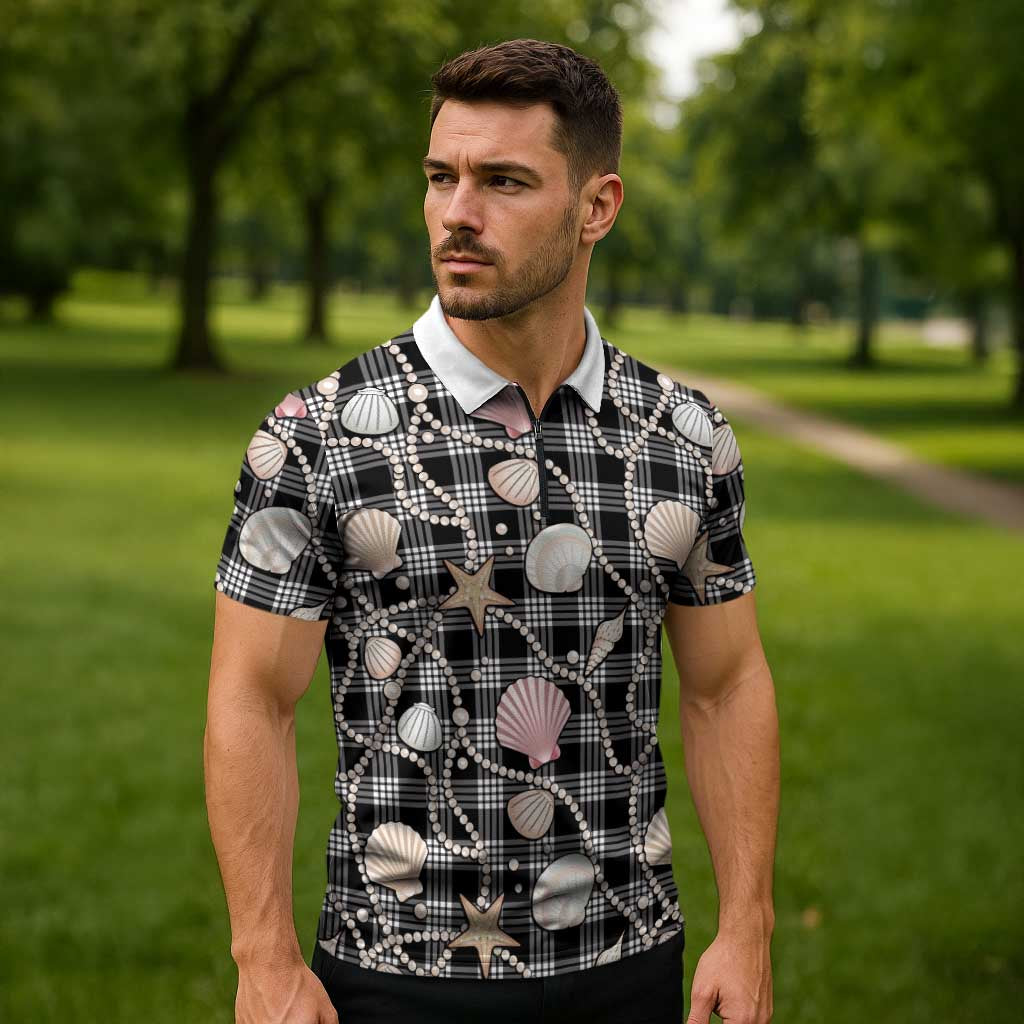Hawaiian Ocean Seashells Zipper Polo Shirt Black Palaka Pattern LT01 - Polynesian Pride