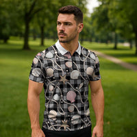 Hawaiian Ocean Seashells Zipper Polo Shirt Black Palaka Pattern LT01 - Polynesian Pride