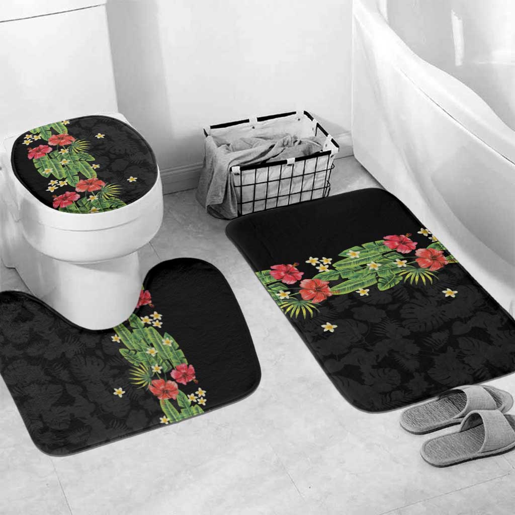 Hawaiian Hibiscus Plumeria Bathroom Set Tropical Leaves LT01 Mat Set Only (3 pcs) One Size Black - Polynesian Pride