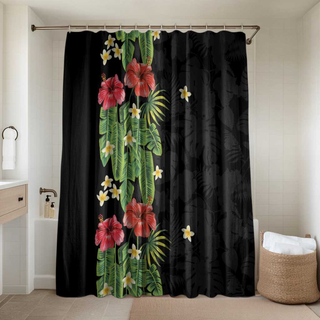 Hawaiian Hibiscus Plumeria Bathroom Set Tropical Leaves LT01 Shower Curtain Only Black - Polynesian Pride