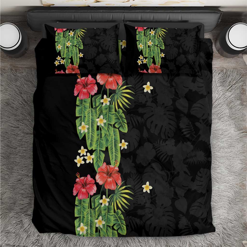 Hawaiian Hibiscus Plumeria Bedding Set Tropical Leaves LT01 Black - Polynesian Pride