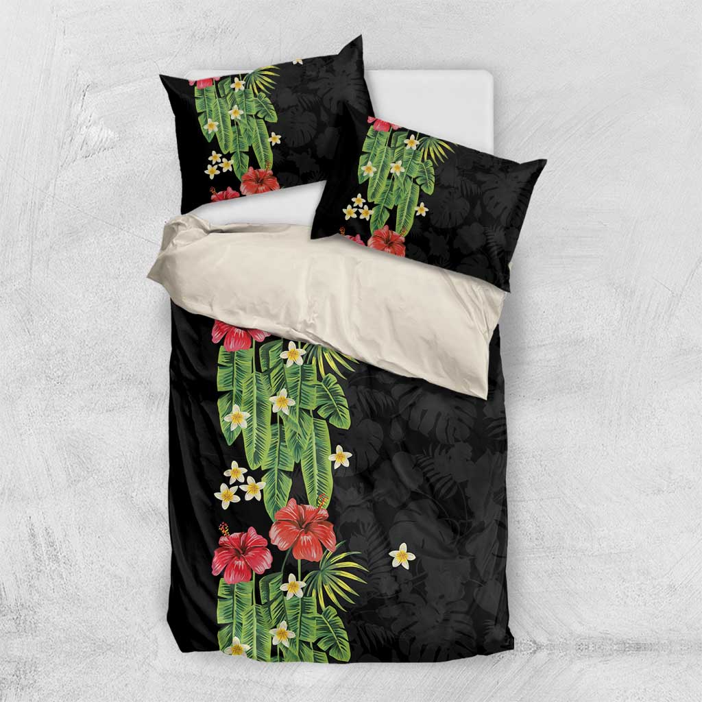 Hawaiian Hibiscus Plumeria Bedding Set Tropical Leaves LT01 US Twin 172cm x 218cm Black - Polynesian Pride