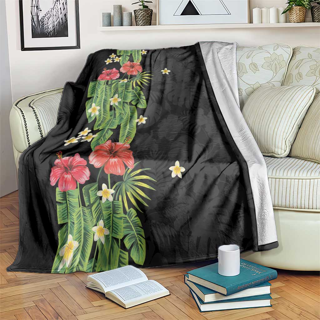 Hawaiian Hibiscus Plumeria Blanket Tropical Leaves LT01 Black - Polynesian Pride
