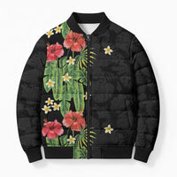 Hawaiian Hibiscus Plumeria Bomber Puffer Jacket Tropical Leaves LT01 Unisex Black - Polynesian Pride