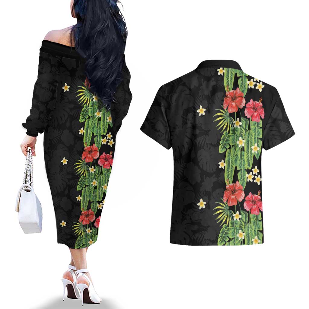 Hawaiian Hibiscus Plumeria Couples Matching Off The Shoulder Long Sleeve Dress and Hawaiian Shirt Tropical Leaves