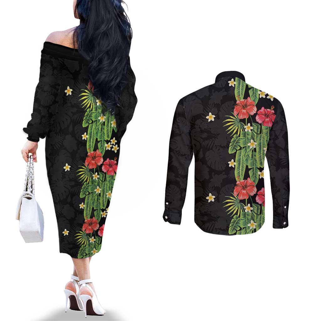 Hawaiian Hibiscus Plumeria Couples Matching Off The Shoulder Long Sleeve Dress and Long Sleeve Button Shirt Tropical Leaves