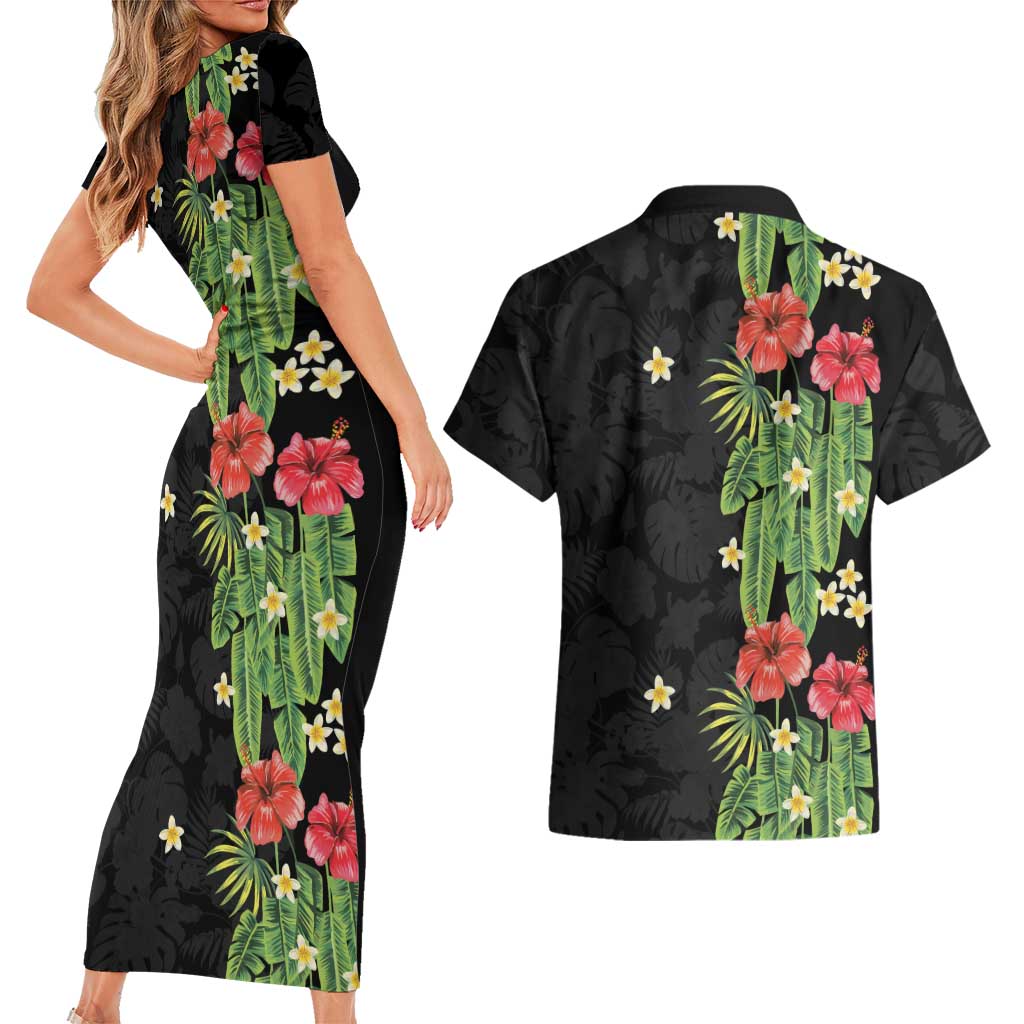 Hawaiian Hibiscus Plumeria Couples Matching Short Sleeve Bodycon Dress and Hawaiian Shirt Tropical Leaves