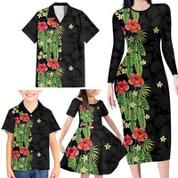 Hawaiian Hibiscus Plumeria Family Matching Long Sleeve Bodycon Dress and Hawaiian Shirt Tropical Leaves