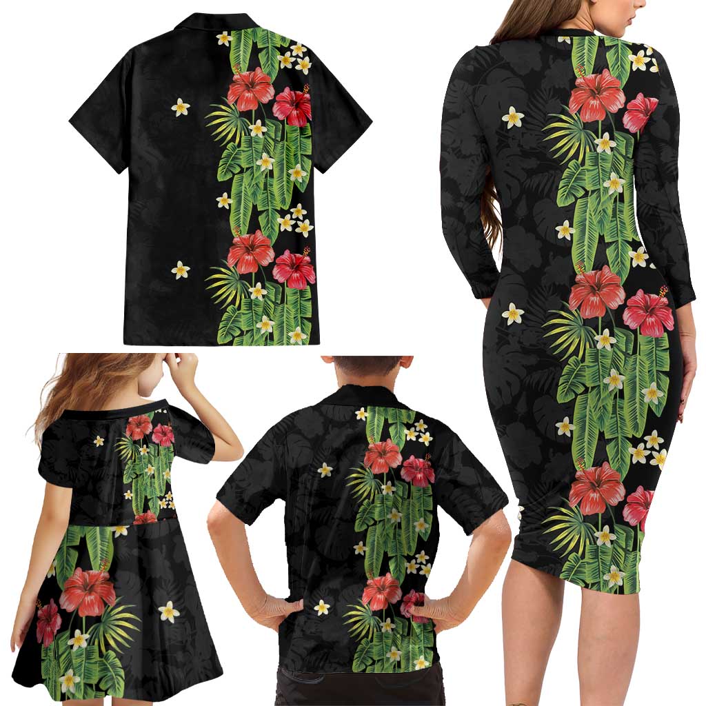 Hawaiian Hibiscus Plumeria Family Matching Long Sleeve Bodycon Dress and Hawaiian Shirt Tropical Leaves