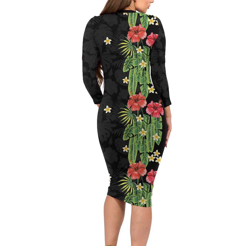 Hawaiian Hibiscus Plumeria Family Matching Long Sleeve Bodycon Dress and Hawaiian Shirt Tropical Leaves