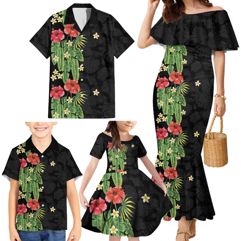 Hawaiian Hibiscus Plumeria Family Matching Mermaid Dress and Hawaiian Shirt Tropical Leaves