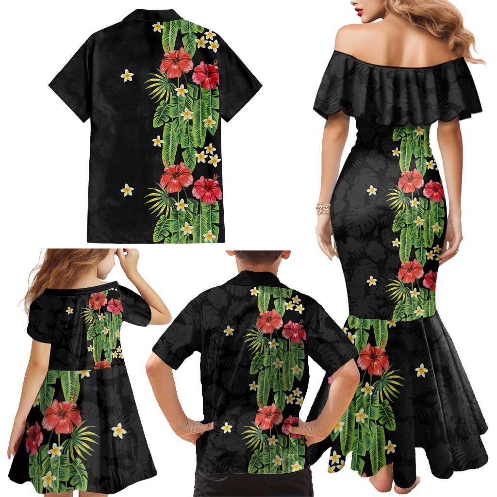 Hawaiian Hibiscus Plumeria Family Matching Mermaid Dress and Hawaiian Shirt Tropical Leaves