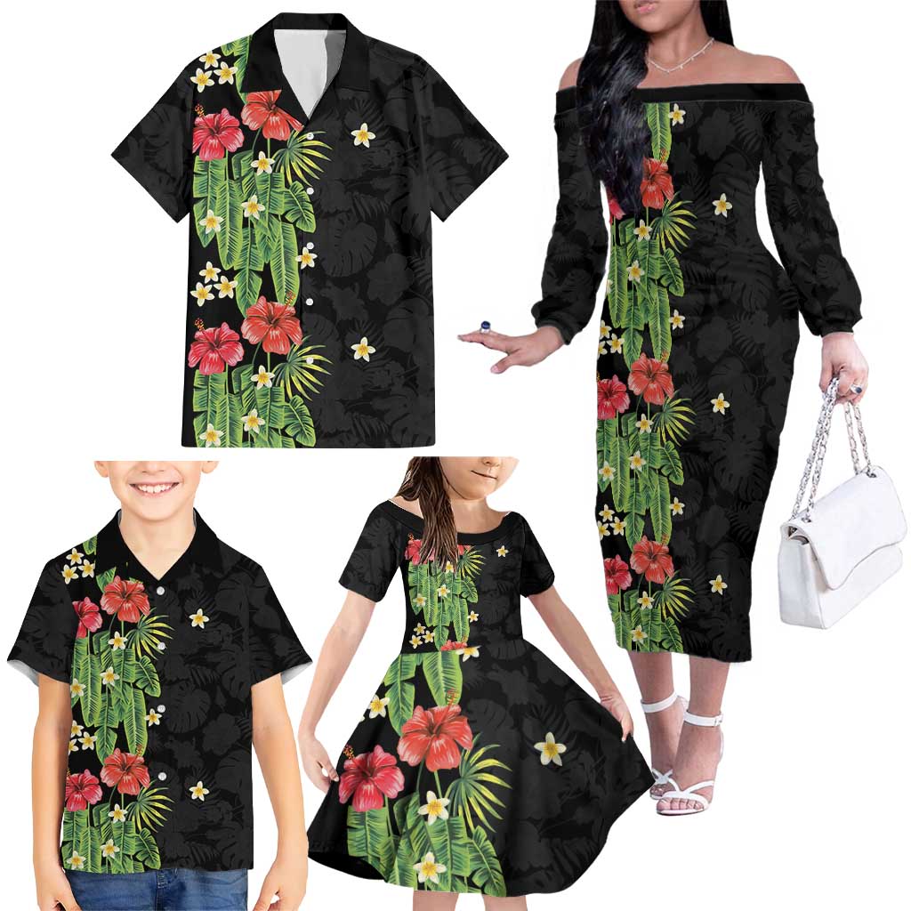 Hawaiian Hibiscus Plumeria Family Matching Off The Shoulder Long Sleeve Dress and Hawaiian Shirt Tropical Leaves