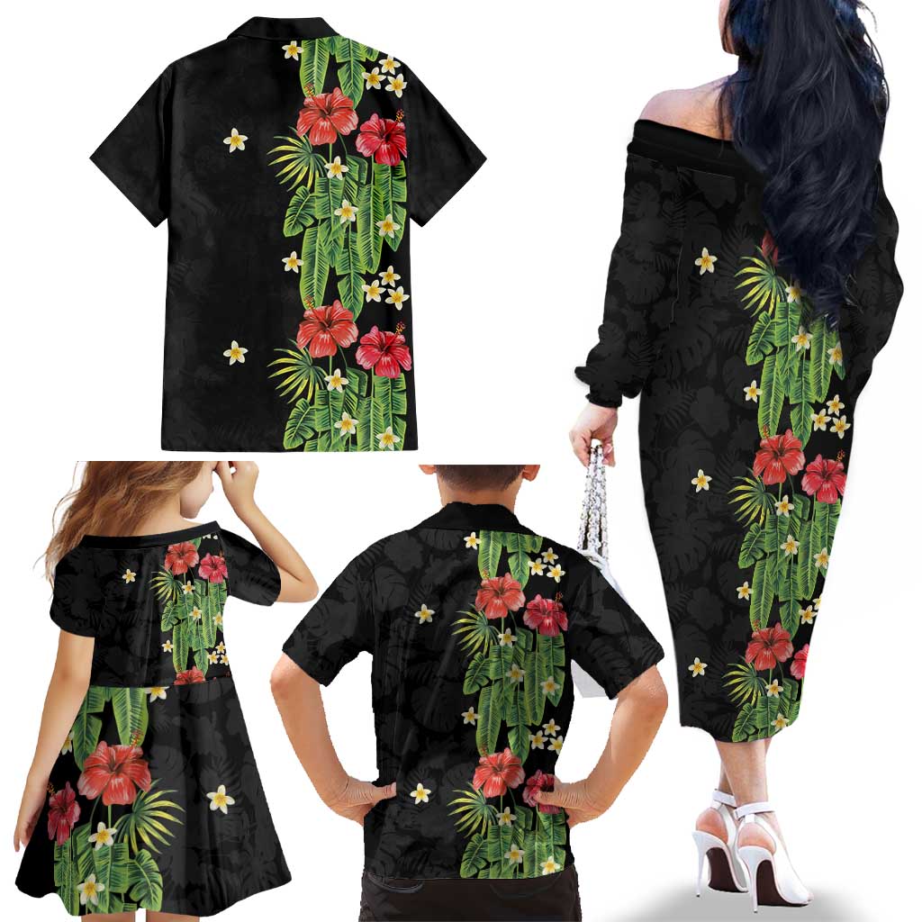 Hawaiian Hibiscus Plumeria Family Matching Off The Shoulder Long Sleeve Dress and Hawaiian Shirt Tropical Leaves